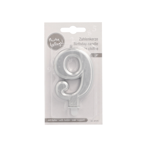Zahlenkerze mit Halter 7 cm silber "9"