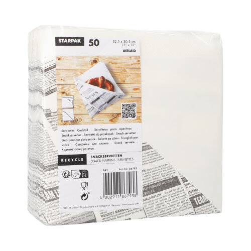 Snackservietten, stoffähnlich, Airlaid 1/4-Falz 32,5 cm x 30,5 cm weiss "Newsprint"