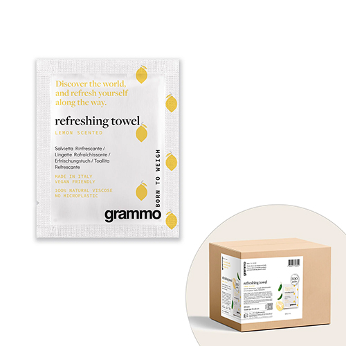 Erfrischungstücher aus Viscose "grammo" 9 cm x 7 cm x 0,5 cm Citrus im Flow Pack