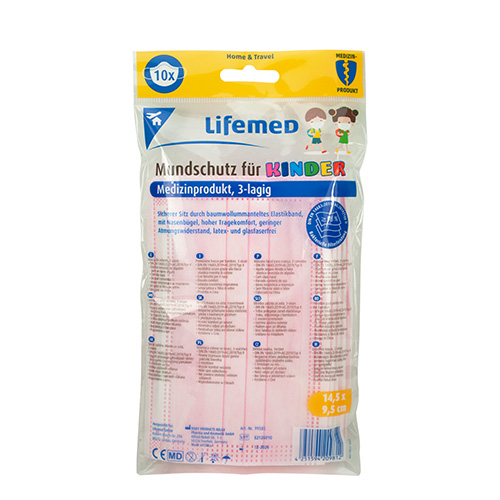 "Lifemed" Kinder-Mundschutz 3-lagig 9,5 cm x 14,5 cm farbig sortiert mit Nasenbügel
