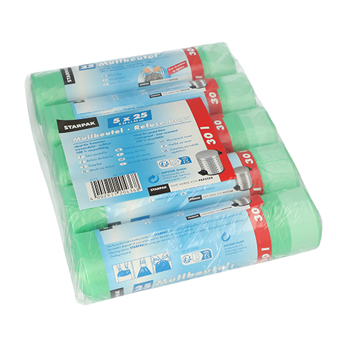 Müllbeutel mit Zugband, HDPE 30 l 62 cm x 55 cm grün 16 my