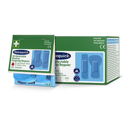 Set "Cederroth" Salvequick Detectable Pflaster (2 x 15 Stück) blau Fingertip & Standard, Refill
