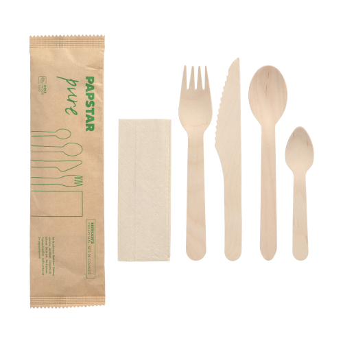 Bestecksets Holz "pure" : Messer, Gabel, Löffel, Kaffeelöffel, Serviette in Papierbeutel