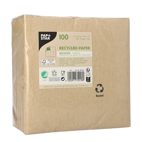 Servietten, 3-lagig 1/4-Falz 33 cm x 33 cm natur aus recyceltem Papier