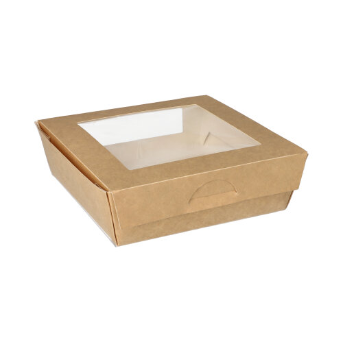 Feinkostboxen, Pappe mit Sichtfenster aus PLA eckig 1000 ml 16 cm x 16 cm x 5 cm braun