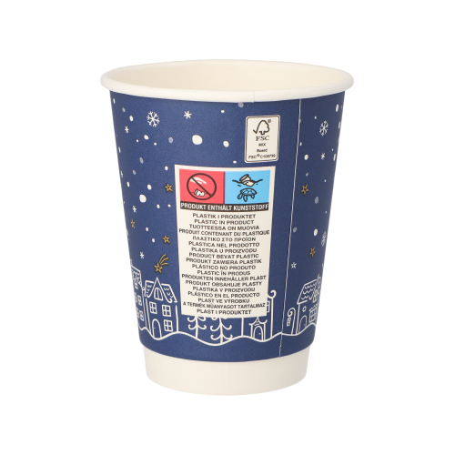 Trinkbecher, Pappe 0,3 l Ø 9 cm · 11,2 cm blau "Hello Winter" doppelwandig