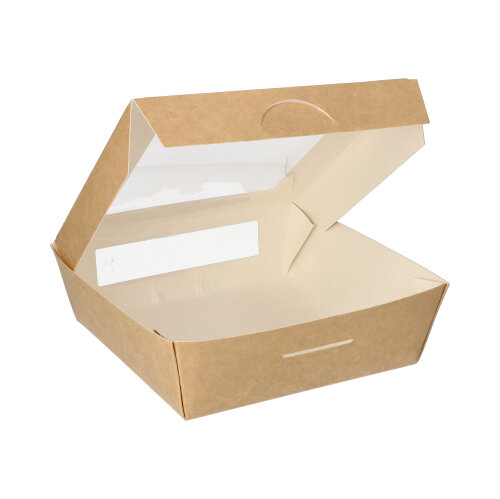 Feinkostboxen, Pappe mit Sichtfenster aus PLA eckig 1000 ml 16 cm x 16 cm x 5 cm braun