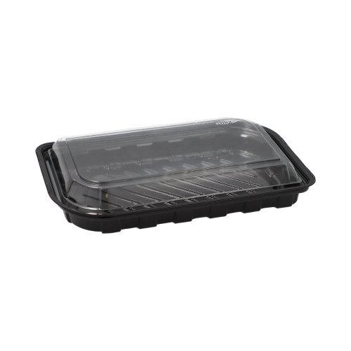 Sushi-Schalen R-PET rechteckig 21 cm x 13 cm x 4,3 cm schwarz mit transparentem Deckel