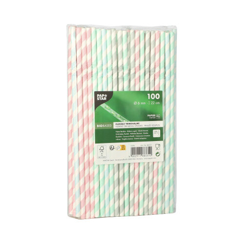 Trinkhalme, Papier Ø 6 mm · 22 cm farbig sortiert "Stripes" flexibel