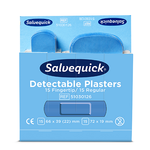 Set "Cederroth" Salvequick Detectable Pflaster (2 x 15 Stück) blau Fingertip & Standard, Refill