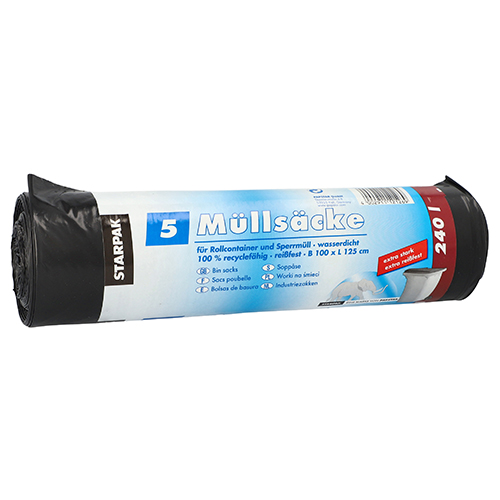Müllsäcke, LDPE 240 l 125 cm x 100 cm schwarz extra stark und extra reißfest, 60 my