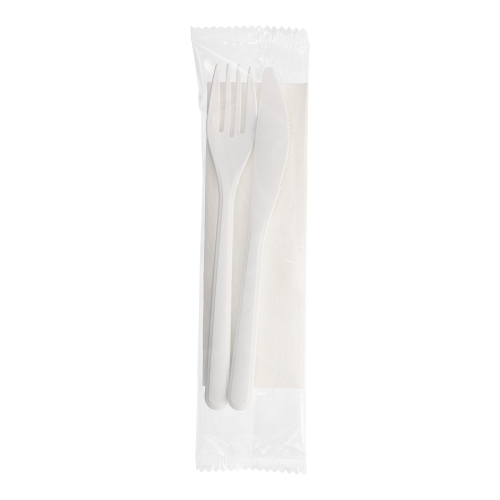 Mehrweg-Bestecksets PP-MF 22 cm weiss : Messer, Gabel, Serviette in Folienbeutel