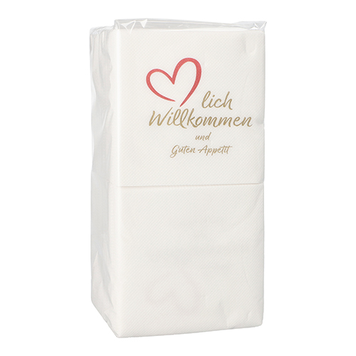 Servietten, 2-lagig "PUNTO" 1/4-Falz 20 cm x 20 cm weiss "Herzlich Willkommen & Guten Appetit"