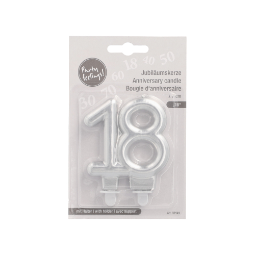 Jubiläumskerzen mit Halter 7 cm silber "18"