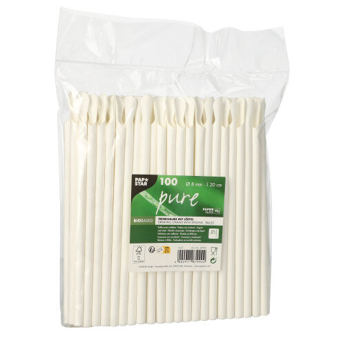 Trinkhalme mit Löffel, Papier "pure" Ø 8 mm · 20 cm weiss
