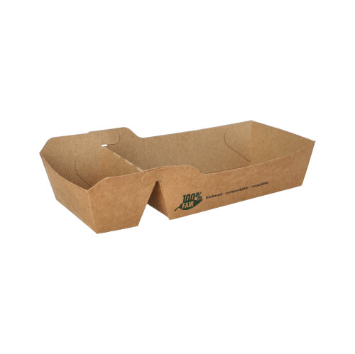 Pommes-Frites-Trays, Pappe "pure" 2-geteilt 3,5 cm x 7 cm x 16,3 cm braun "100% Fair" mittel