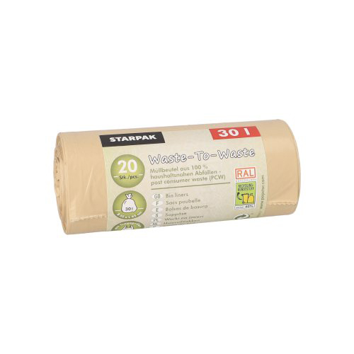 Müllbeutel mit Tragegriffen aus 100% PCW "Waste-To-Waste" 30 l 64,5 cm x 54 cm beige