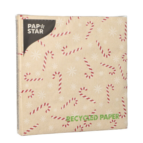 Servietten, 3-lagig 1/4-Falz 33 cm x 33 cm natur "Candy Canes" aus recyceltem Papier