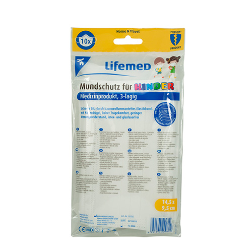 "Lifemed" Kinder-Mundschutz 3-lagig 9,5 cm x 14,5 cm farbig sortiert mit Nasenbügel