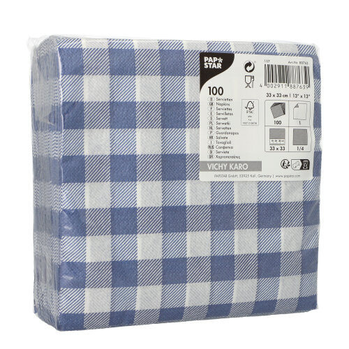 Servietten, 1-lagig 1/4-Falz 33 cm x 33 cm blau/weiss "Vichy Karo"