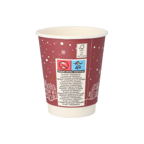 Trinkbecher, Pappe 0,2 l Ø 8 cm · 9,3 cm rot "Hello Winter" doppelwandig