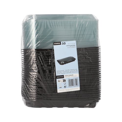 Sushi-Schalen PET rechteckig 21 cm x 11 cm x 4,3 cm schwarz mit transparentem Deckel