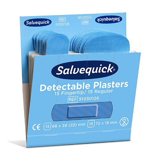 Set "Cederroth" Salvequick Detectable Pflaster (2 x 15 Stück) blau Fingertip & Standard, Refill