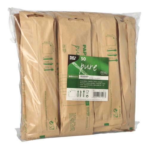 Bestecksets, Holz "pure" : Messer, Gabel, Löffel, Serviette in Papierbeutel
