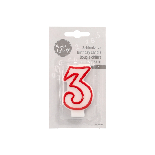 Zahlenkerze 7,3 cm weiss "3" mit rotem Rand