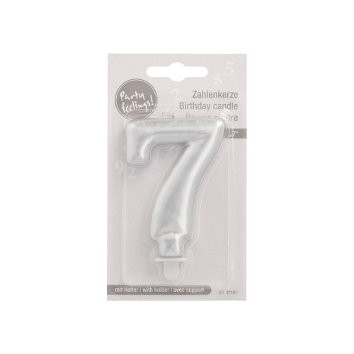 Zahlenkerze mit Halter 7 cm silber "7"