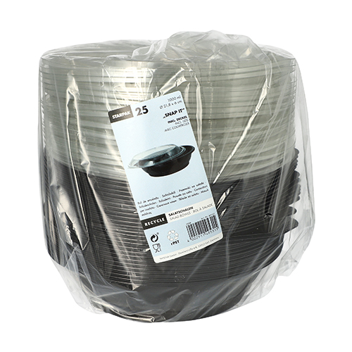 Salatschalen, PET 1000 ml Ø 21,8 cm · 6 cm schwarz "Snap It" mit Deckel R-PET glasklar