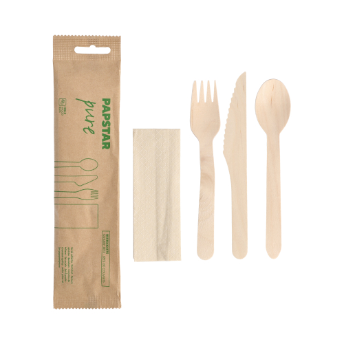 Besteckset, Holz "pure" : Messer, Gabel, Löffel, Serviette in Papierbeutel