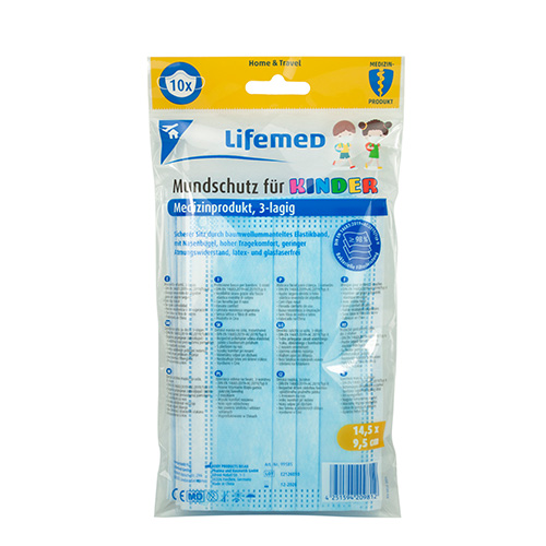 "Lifemed" Kinder-Mundschutz 3-lagig 9,5 cm x 14,5 cm farbig sortiert mit Nasenbügel