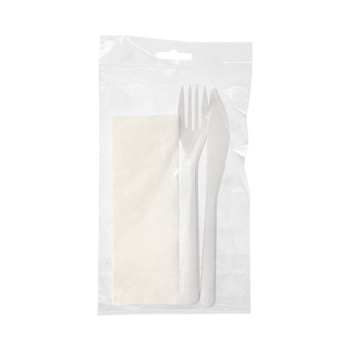 Mehrweg-Bestecksets PP-MF 22 cm weiss : Messer, Gabel, Serviette in Folienbeutel