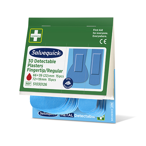 Set "Cederroth" Salvequick Detectable Pflaster (2 x 15 Stück) blau Fingertip & Standard, Refill