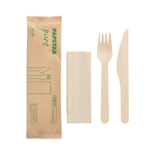 Besteckset, Holz "pure" : Messer, Gabel, Serviette in Papierbeutel