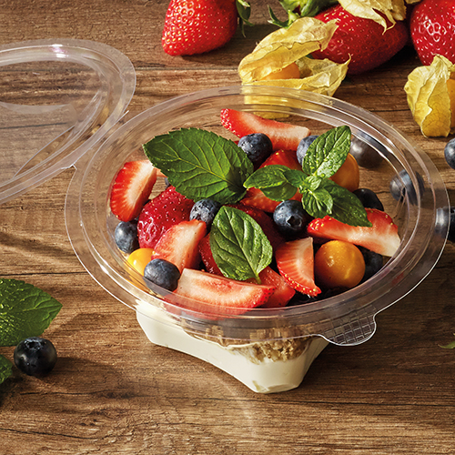Feinkost- und Salatschalen mit Klappdeckel, R-PET rund 1000 ml Ø 18,5 cm · 7,8 cm glasklar