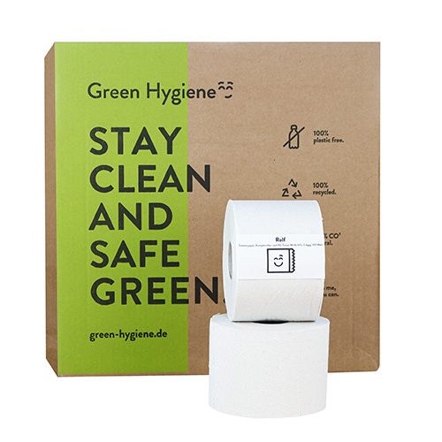 Rollen "Green Hygiene" Toilettenpapier "ROLF" Ø 13 cm · 11 cm x 9,5 cm 500 Blatt, 2-lagig