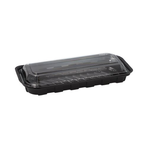 Sushi-Schalen R-PET rechteckig 21 cm x 8,8 cm x 4,3 cm schwarz mit transparentem Deckel