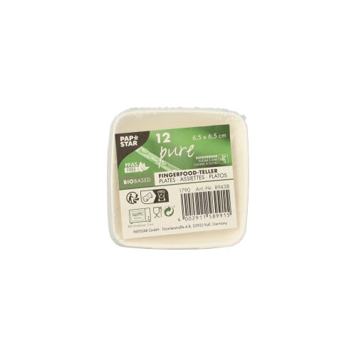 Fingerfood - Teller, Zuckerrohr "pure" eckig 1,2 cm x 6,5 cm x 6,5 cm weiss