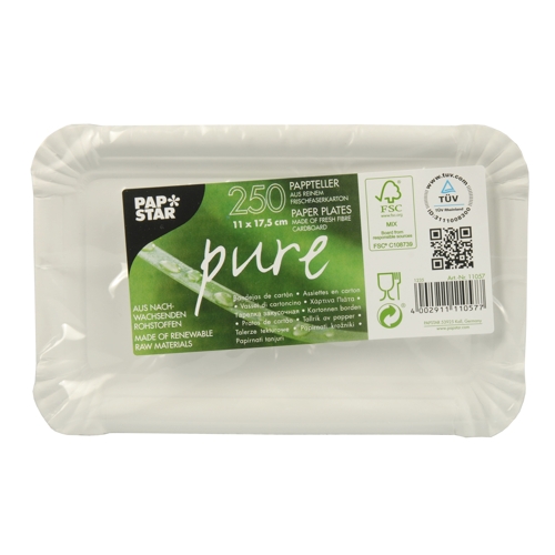 Teller, Pappe "pure" eckig 11 cm x 17,5 cm weiss