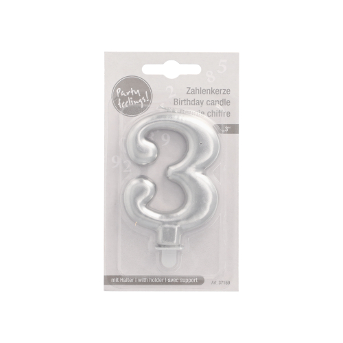 Zahlenkerze mit Halter 7 cm silber "3"