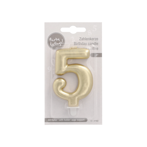 Zahlenkerze mit Halter 7 cm gold "5"