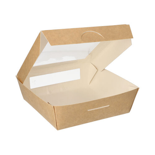 Feinkostboxen, Pappe mit Sichtfenster aus PLA eckig 1000 ml 16 cm x 16 cm x 5 cm braun