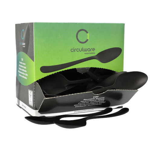 "Circulware" Mehrweg-Löffel PP-MF 19 cm schwarz "Gaia" extra stabil, in Spenderbox