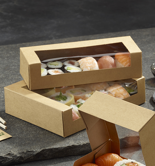 Sushi-Schalen, Pappe eckig 4,5 cm x 19,5 cm x 7 cm braun