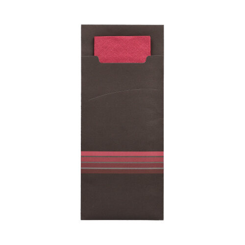 Bestecktaschen 20 cm x 8,5 cm schwarz/bordeaux "Stripes" inkl. farbiger Serviette