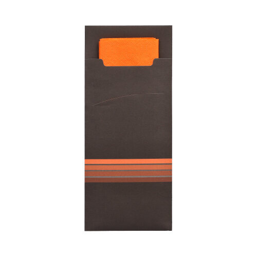 Bestecktaschen 20 cm x 8,5 cm schwarz/orange "Stripes" inkl. farbiger Serviette