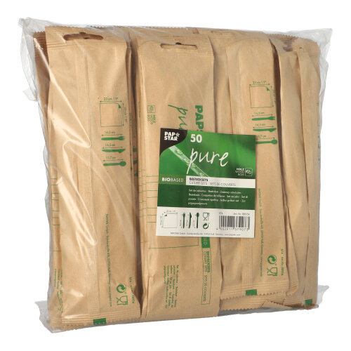 Bestecksets, Holz "pure" : Messer, Gabel, Löffel, Serviette in Papierbeutel