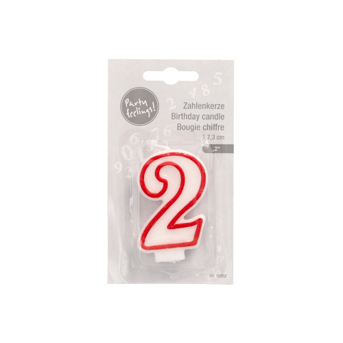 Zahlenkerze 7,3 cm weiss "2" mit rotem Rand